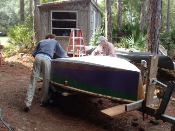 Bill Ling and Simon Lewandowski are sanding the cutted foam. Hugh Horton photo