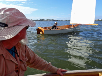 Hugh in Clam Girl, Simon in his Goat Island Skiff