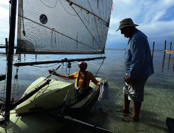 The final victory: Toby Nipper greets Meade in Elderly Care at the end of the Everglades Challenge, March 2017, as he wins his class. This photograph was taken no more than six months before his death Photograph Hugh Horton