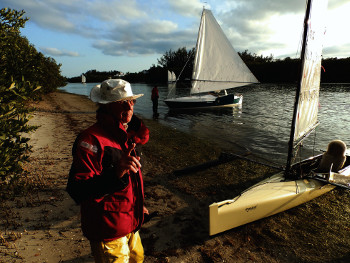 Meade with Voyageur, which he sailed to victory in his class in the Everglades Challenge 2014. Seen here at Checkpoint One